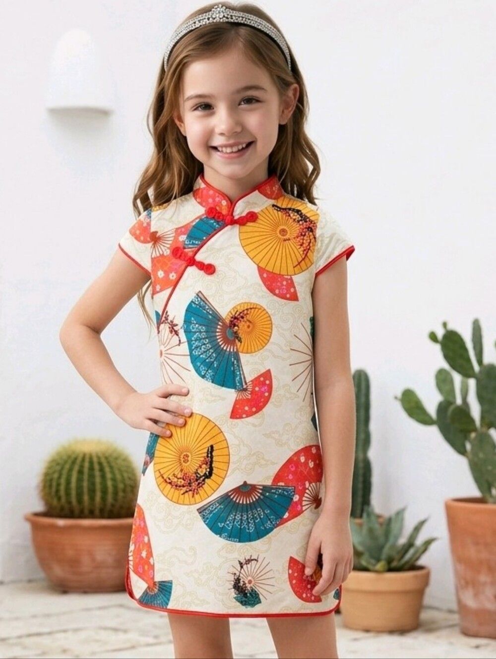 Chinese Qipao Dress Girls 3T 4T Oriental Fan Print Cheongsam Disney Epcot Outfit